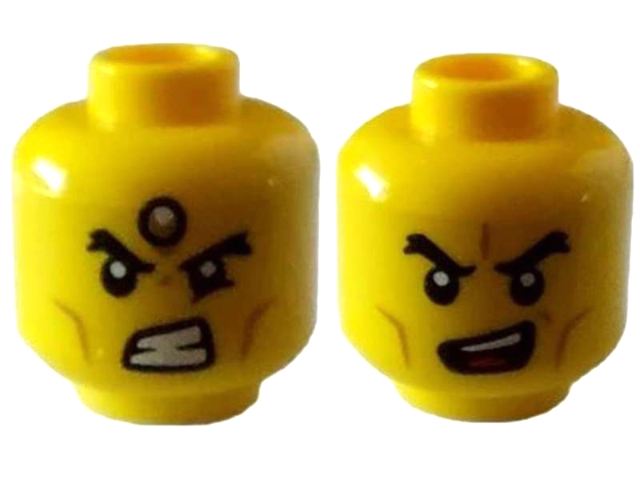 Minifigure, Head Dual Sided Black Thick Eyebrows, Cheek Lines, Bared Teeth with Forehead Jewel / Open Mouth with Red Tongue Pattern