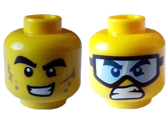 Minifigure, Head Dual Sided Black Thick Eyebrows, Open Mouth Grin with Teeth and Dark Tan Smudges / Bared Teeth with Sports Goggles Pattern