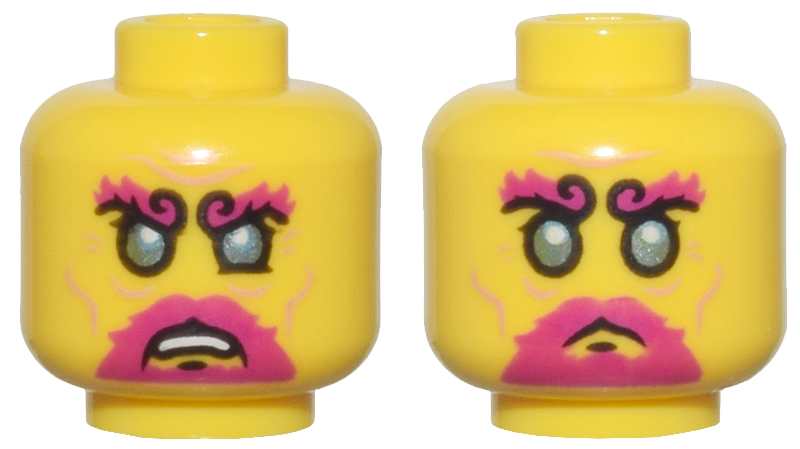 Minifigure, Head Dual Sided Metallic Light Blue Eyes, Magenta Bushy Eyebrows and Goatee, Cheek Lines, Wrinkles, Sad / Angry Pattern