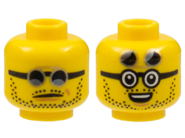 Minifigure, Head Dual Sided Black and Gold Sunglasses, Stubble, Neutral / Open Mouth Smile with Raised Lenses Pattern