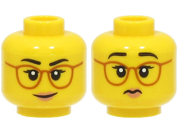 Minifigure, Head Dual Sided Female Black Eyebrows, Dark Orange Glasses, Medium Nougat Lips, Lopsided Grin / Frown Pattern