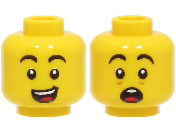 Minifigure, Head Dual Sided Black Eyebrows, Open Mouth with Teeth and Tongue, Wide Smile / Scared Pattern