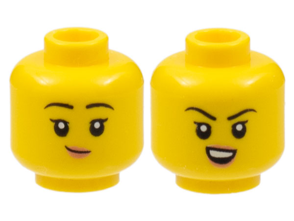 Minifigure, Head Dual Sided Child Female Black Eyebrows, Peach Lips, Lopsided Grin / Open Smile with Teeth Pattern