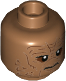 Minifigure, Head Alien SW Weequay with Reddish Brown Facial Lines and Eye Shadow, Frown, Braided Ponytails on Back Pattern