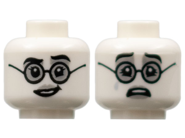 Minifigure, Head Dual Sided Female, Black Eyebrows and Glasses, Light Bluish Gray Lips, Lopsided Grin / Sad with Tear Pattern