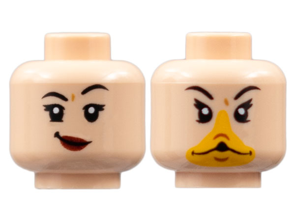 Minifigure, Head Dual Sided Female, Black Eyebrows, Lopsided Grin with Dark Red Lips / Bright Light Orange Goose Duck Bill Pattern