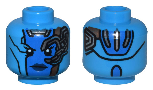 Minifigure, Head Alien Female with Blue Face, Dark Blue Lips, Mechanical Left Eye, Copper Plates, and Silver Stripes on Back Pattern