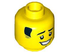 Minifigure, Head Short Black Sideburns, Eyebrows, Right Raised, Goatee, and Open Mouth Smile with Teeth Pattern