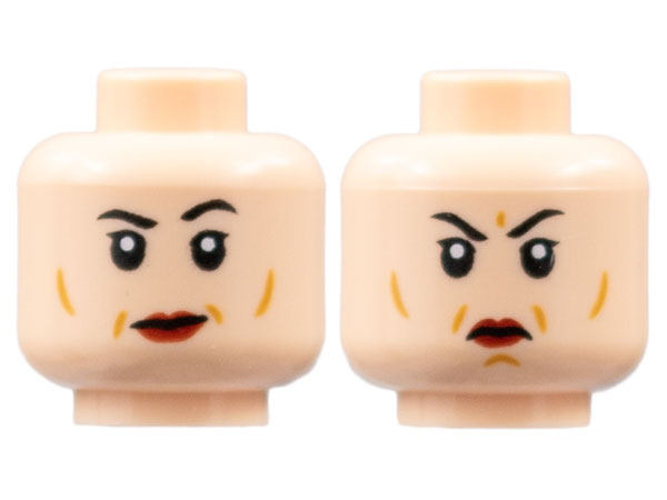 Minifigure, Head Dual Sided Female Black Eyebrows, Dark Red Lips, Medium Nougat Contour Lines, Small Smile / Scowl Pattern