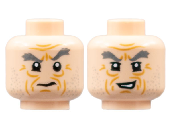 Minifigure, Head Dual Sided Dark Bluish Gray Eyebrows, Medium Nougat Wrinkles, Stubble, Confused / Lopsided Grin Pattern