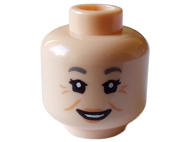 Minifigure, Head Female Dark Bluish Gray Eyebrows, Open Smile, Medium Nougat Cheek Lines and Crow's Feet Pattern