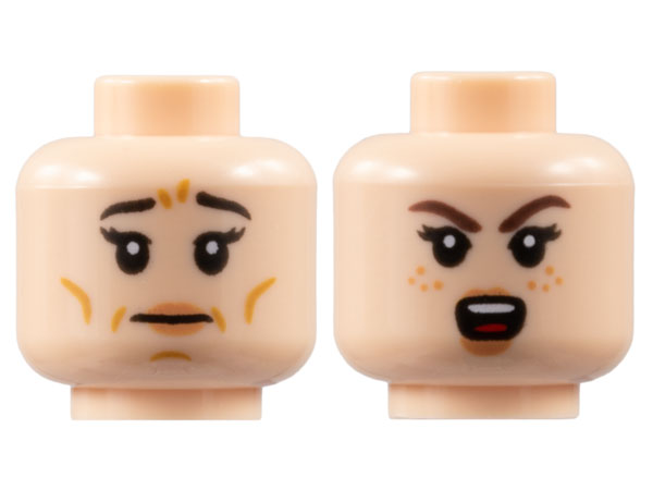 Minifigure, Head Dual Sided Female, Black Eyebrows, Peach Lips, Medium Nougat Wrinkles / Reddish Brown Eyebrows, Angry Pattern