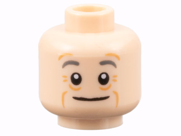 Minifigure, Head Dark Bluish Gray Eyebrows, Medium Nougat Wrinkles, Wide Grin Pattern