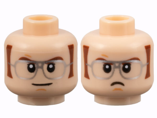 Minifigure, Head Dual Sided Reddish Brown Eyebrows and Sideburns, Silver Glasses, Slight Grin / Scowl Pattern