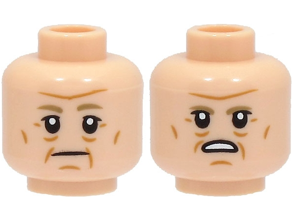 Minifigure, Head Dual Sided Dark Tan Eyebrows, Nougat Cheek Lines and Chin Dimple, Neutral / Angry with Open Mouth with Teeth Pattern