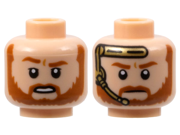 Minifigure, Head Dual Sided Dark Orange Eyebrows and Beard, Open Mouth with White Teeth / Closed Mouth and Gold Headset Pattern