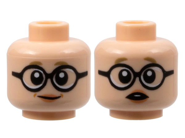 Minifigure, Head Dual Sided Female, Dark Tan Eyebrows, Large Black Round Glasses, Medium Nougat Lips, Grin / Surprised with Open Mouth Pattern