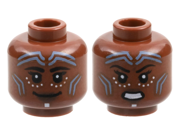 Minifigure, Head Dual Sided Female, Bright Light Blue Chevron Tattoos, Black Eyebrows, White Dots, Dark Brown Lips, Grin / Gritted Teeth Pattern