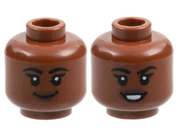 Minifigure, Head Dual Sided Female, Black Eyebrows, Dark Brown Lips, Grin / Open Mouth Smile Pattern