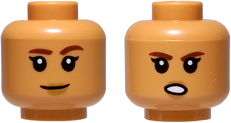 Minifigure, Head Dual Sided Child Female Reddish Brown Eyebrows, Medium Nougat Lips, Smile with Raised Eyebrow / Grimace Pattern