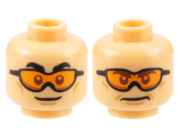 Minifigure, Head Dual Sided Black Eyebrows, Cheek Lines, Chin Dimple, Orange Goggles, Grin / Frown Pattern