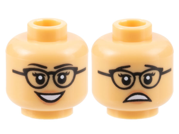 Minifigure, Head Dual Sided Female Black Eyebrows, Glasses, Nougat Lips, Open Mouth Smile / Scared Pattern