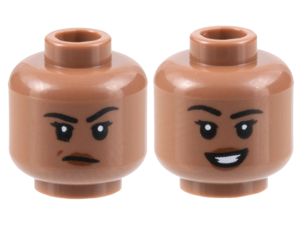 Minifigure, Head Dual Sided Female Black Eyebrows, Reddish Brown Lips, Frown with Raised Eyebrow Left / Open Mouth Smile Pattern