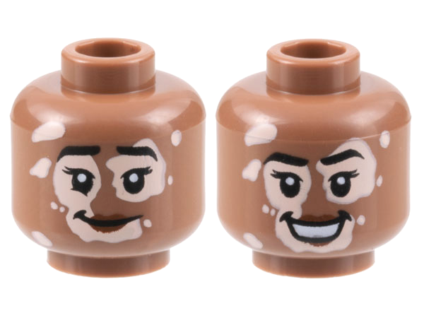 Minifigure, Head Dual Sided Female Black Eyebrows, Light Nougat Vitiligo, Reddish Brown Lips, Grin / Open Mouth Smile Pattern