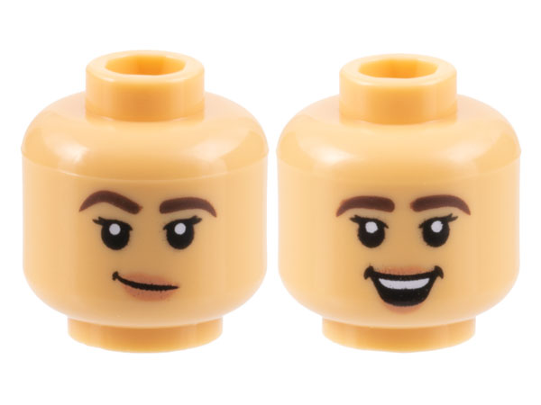 Minifigure, Head Dual Sided Female Dark Brown Eyebrows Thick, Black Eyelashes, Nougat Lips, Lopsided Grin / Open Mouth Smile with Top Teeth Pattern