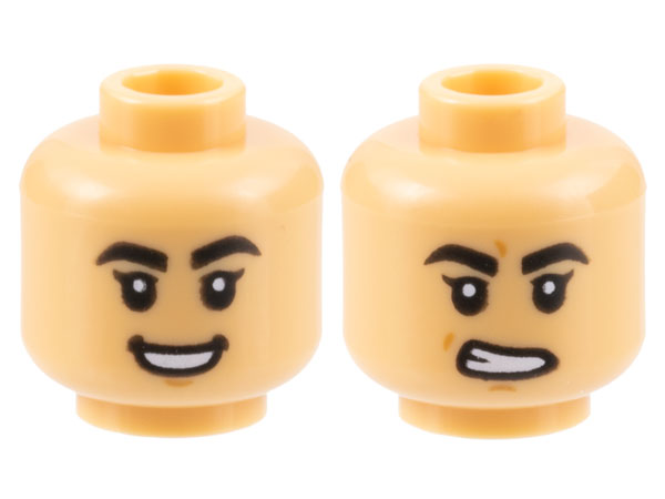 Minifigure, Head Dual Sided Female Black Thick Eyebrows, Chin Dimple, Open Mouth Smile / Gritted Teeth Pattern