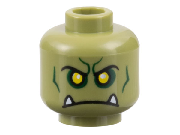 Minifigure, Head Alien Orc with Yellow Eyes, Black Eyebrows, Dark Green Contours and Eye Shadow, and Frown with White Lower Fangs Pattern