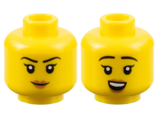 Minifigure, Head Dual Sided Female Black Eyebrows, Medium Nougat Lips, Neutral / Open Mouth Smile with Top Teeth Pattern