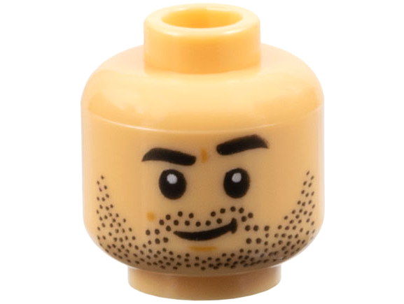 Minifigure, Head Black Eyebrows and Beard Stubble with Smirk and Chin Dimple Pattern