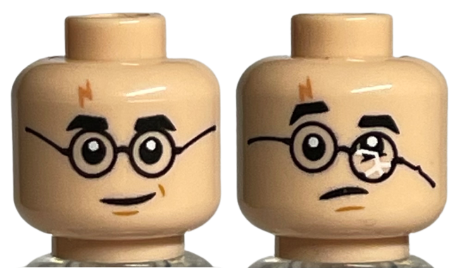 Minifigure, Head Dual Sided Medium Nougat Lightning Scar, Black Eyebrows, Glasses Round, Chin Dimple, Smirk / Frown with Broken Glasses Pattern