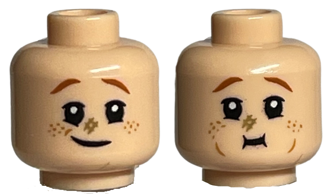 Minifigure, Head Dual Sided Dark Orange Eyebrows, Medium Nougat Freckles, Dark Tan Scuff Mark, Lopsided Grin / Eating Pattern
