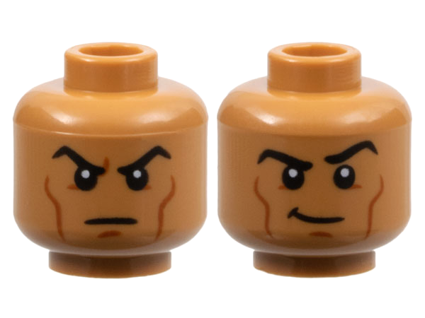 Minifigure, Head Dual Sided Black Eyebrows, Dark Orange Cheek Lines and Chin Dimple, Scowl / Smirk with Raised Eyebrow Left Pattern