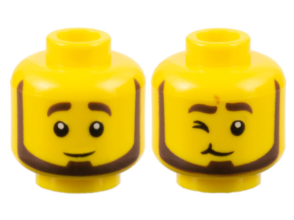 Minifigure, Head Dual Sided Dark Brown Eyebrows and Beard, Neutral / Wink Right Pattern
