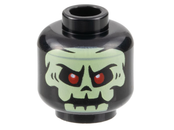 Minifigure, Head Alien Yellowish Green Skull with Red Eyes Pattern