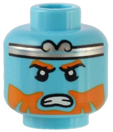 Minifigure, Head Orange Eyebrows and Beard, Silver Headband, and Bared Teeth Pattern