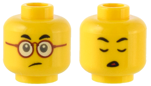 Minifigure, Head Dual Sided Small Black Eyebrows, Dark Red Glasses, Sad / Eyes Closed Pattern
