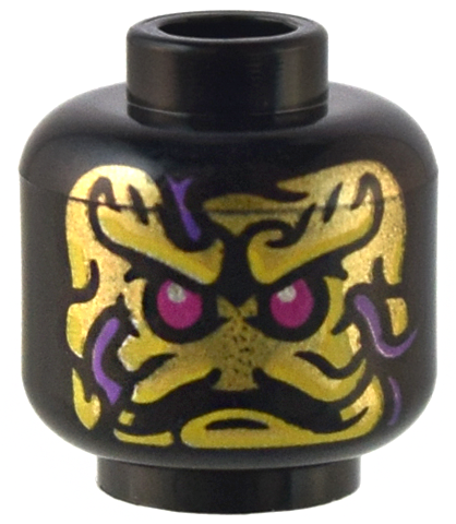 Minifigure, Head Alien Magenta Eyes, Gold and Yellow Face, and Dark Purple Ink Lines Pattern