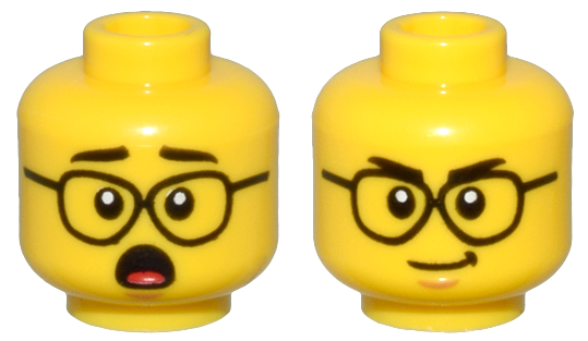 Minifigure, Head Dual Sided Black Eyebrows, Glasses, and Open Mouth Shocked / Smirk Pattern