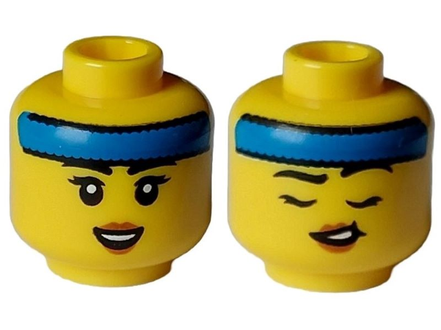 Minifigure, Head Dual Sided Female Black Eyebrows and Eyelashes, Blue Headband, Open Smile / Closed Eyes, Lopsided Open Mouth Pattern