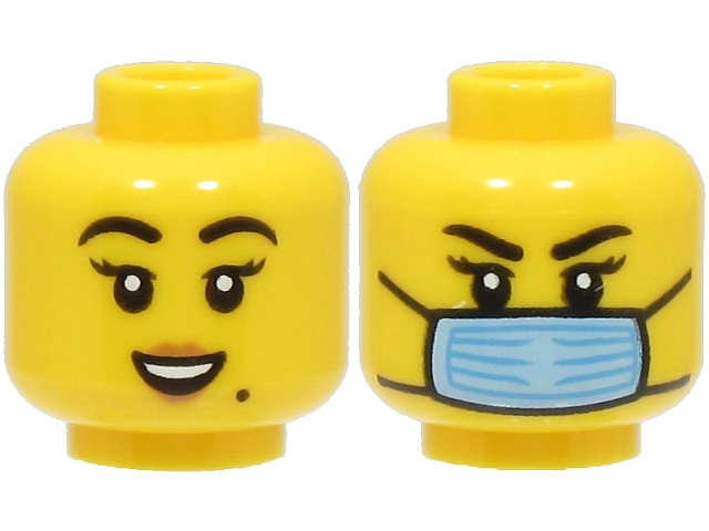 Minifigure, Head Dual Sided Female Black Eyebrows, Nougat Lips, Beauty Mark, Open Mouth Smile / Bright Light Blue Surgical Mask Pattern