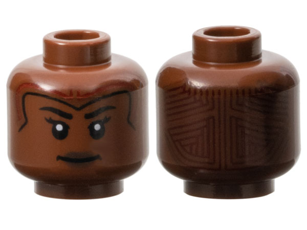 Minifigure, Head Female, Pearl Gold and Dark Red Tiara, Black Eyebrows, Dark Brown Lips, Tattoo on Back Pattern
