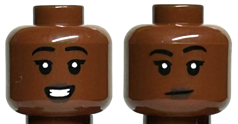 Minifigure, Head Dual Sided Female Black Eyebrows, Dark Brown Lips, Open Mouth Smile with Teeth / Neutral Pattern