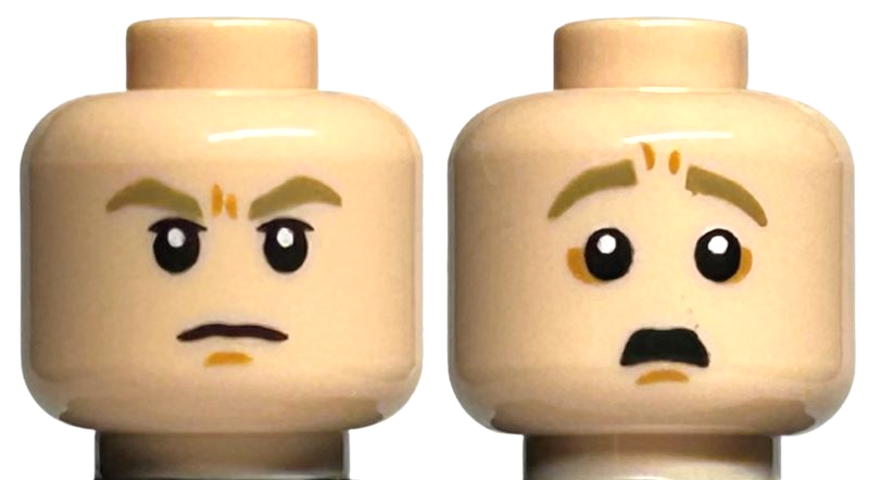 Minifigure, Head Dual Sided Dark Tan Eyebrows, Nougat Chin Dimple, Angry / Scared with Open Mouth Pattern