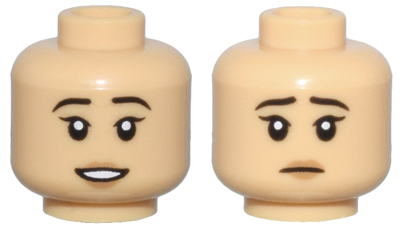 Minifigure, Head Dual Sided Female Black Eyebrows, Medium Nougat Lips, Open Mouth Smile with Teeth / Sad Pattern