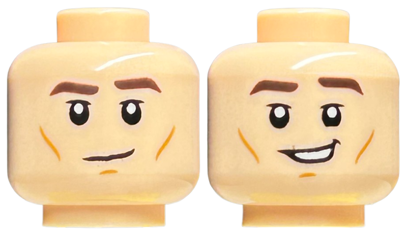 Minifigure, Head Dual Sided Dark Brown Eyebrows, Medium Nougat Cheek Lines and Chin Dimple, Neutral / Smirk with Open Mouth Pattern