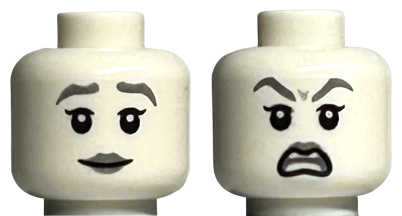 Minifigure, Head Dual Sided Female Silver Eyebrows and Lips, Smile / Angry with Open Mouth and Raised Eyebrows Pattern